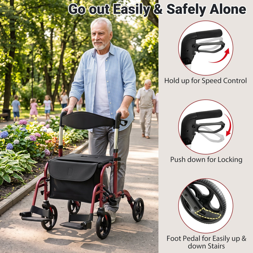 2-in-1 Adjustable Folding Handle Rollator Walker with Storage Space-Red