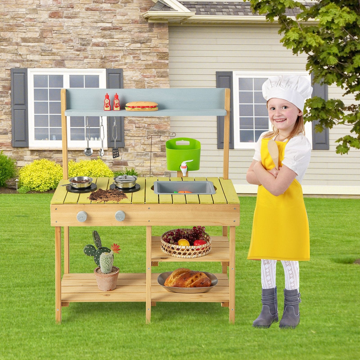 Outdoor Fir Wood Play Kitchen for Kids with Water Box, Tap and Stove Top