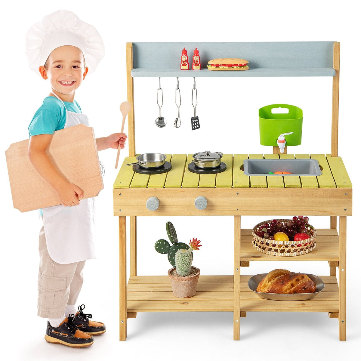 Outdoor Fir Wood Play Kitchen for Kids with Water Box, Tap and Stove Top