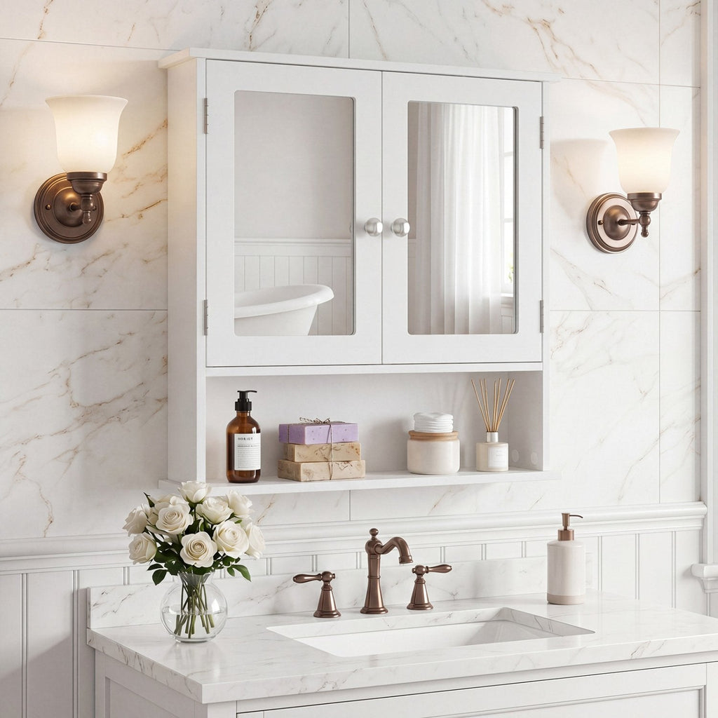 Bathroom Wall Mount Mirror Cabinet Organizer-White