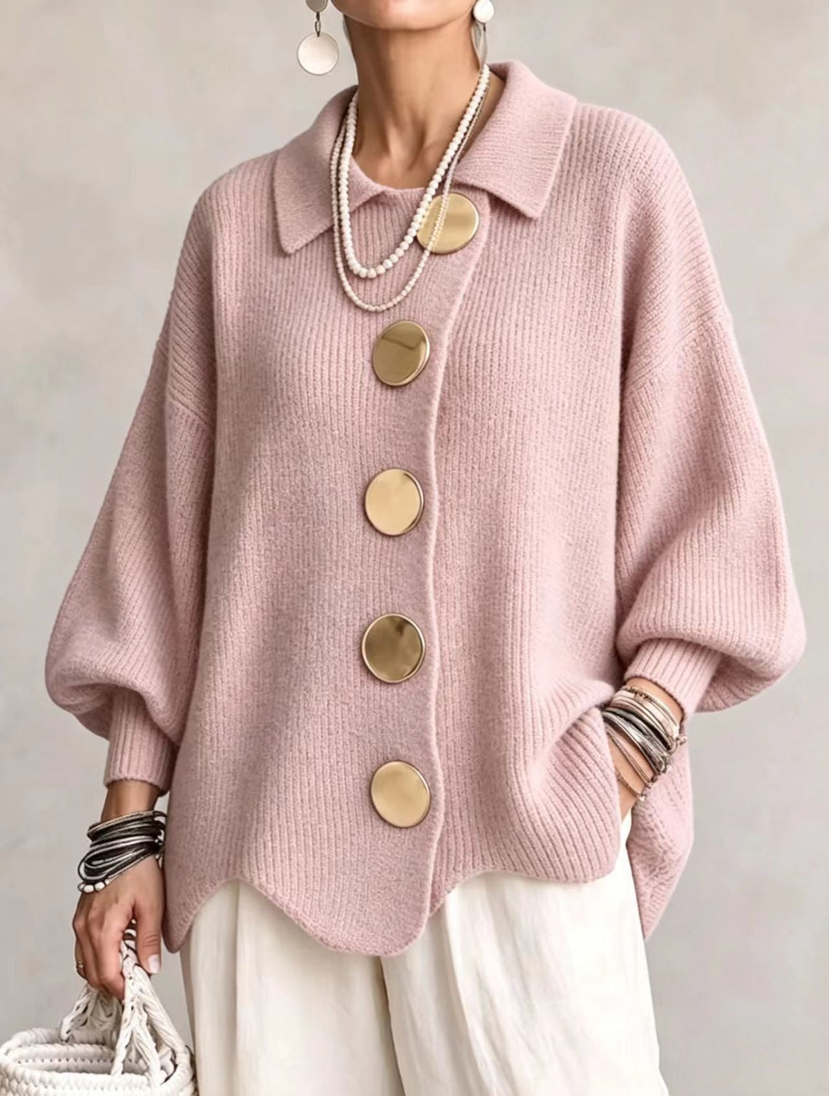 Women’s Button-Down Knit Cardigan – Lapel Collar Long-Sleeve Loose-Fit Fall & Winter Sweater