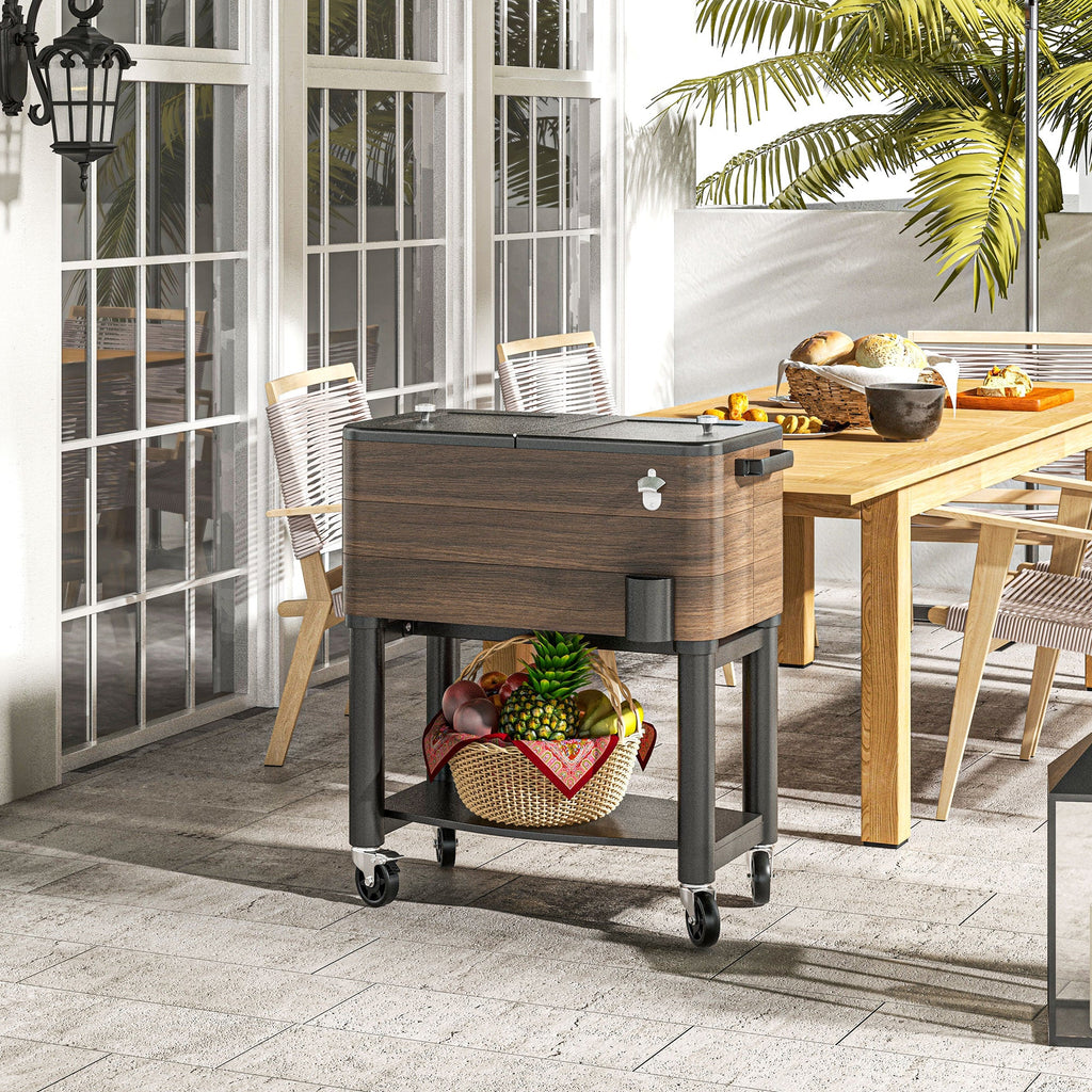 Patio Cooler, 60qt Portable Outdoor Cooler with Locking Wheels, Storage Shelf, Bottle Opener for Patio Backyard, Brown