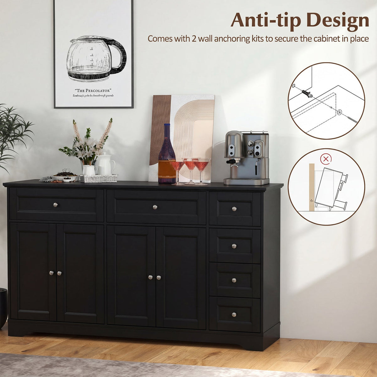 Buffet Sideboard 59 inches Modern Coffee Bar Station Console Table-Black
