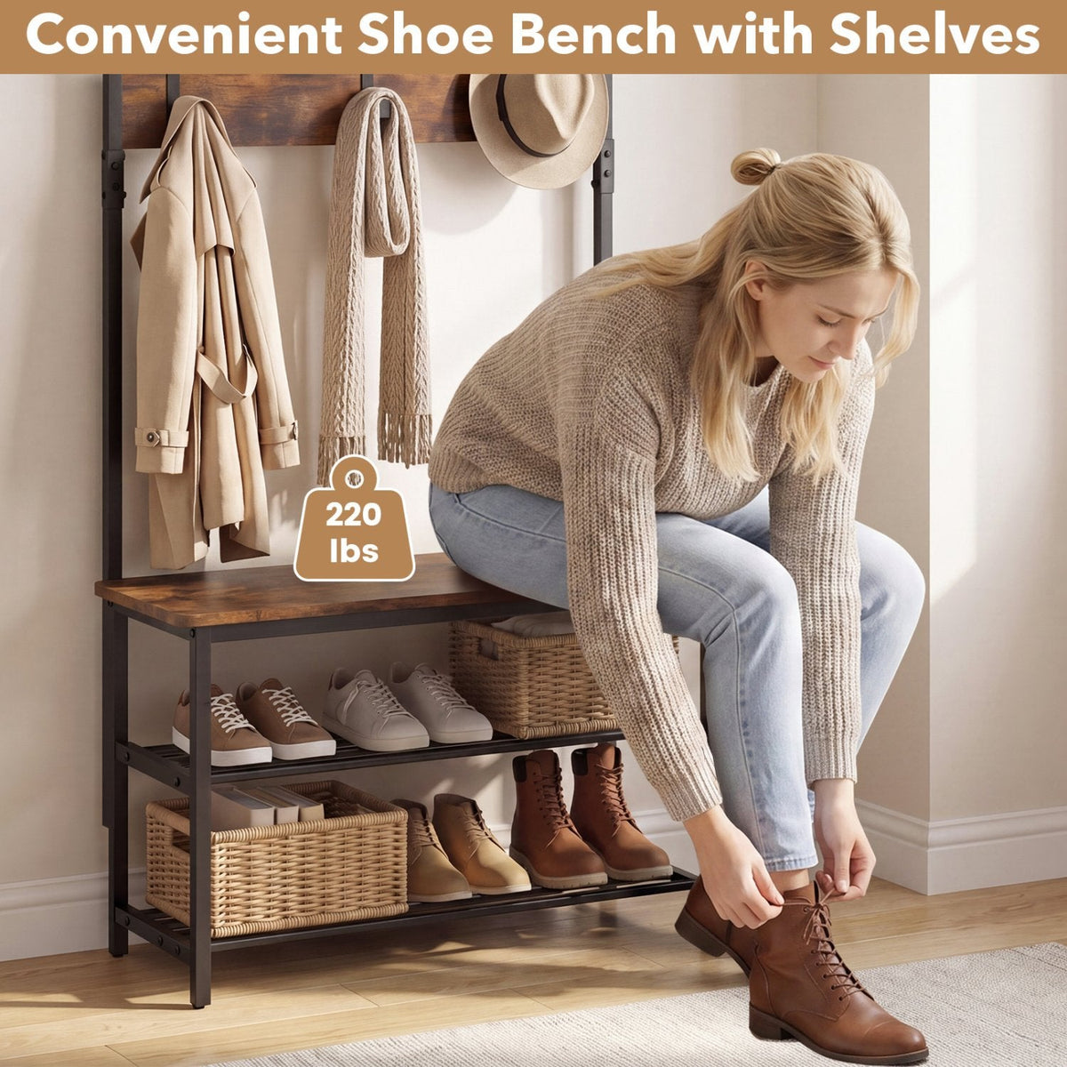 Coat Rack 4-In-1 Hall Tree with Shoe Bench and Removable Hooks-Coffee