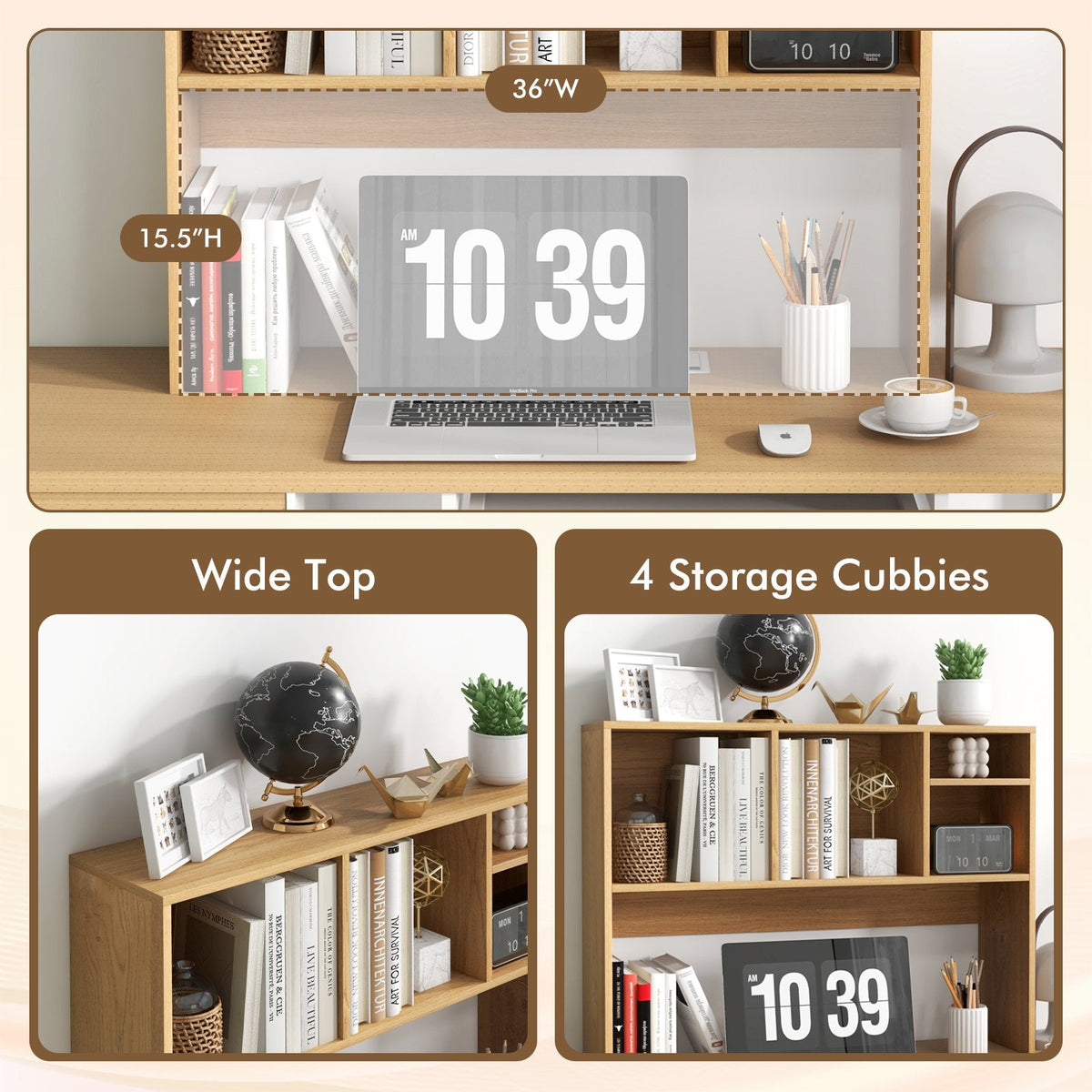 Desktop Bookshelf Hutch 37 Inch with 4 Cubbies and Open Back Compartment, Natural