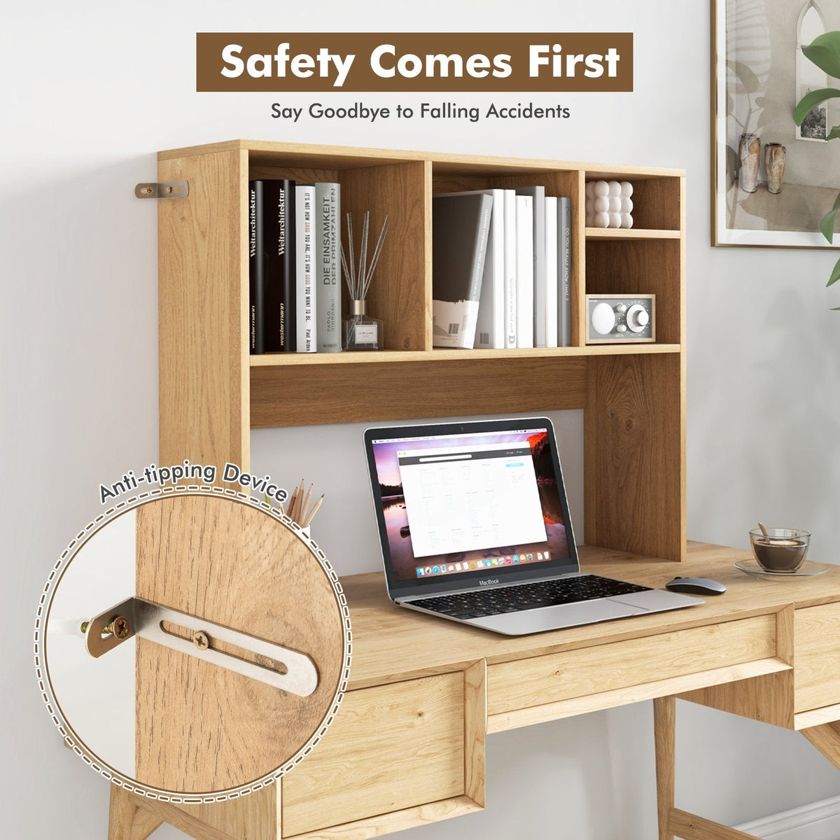 Desktop Bookshelf Hutch 37 Inch with 4 Cubbies and Open Back Compartment, Natural