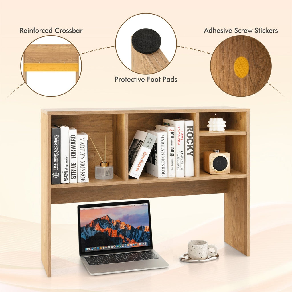 Desktop Bookshelf Hutch 37 Inch with 4 Cubbies and Open Back Compartment, Natural