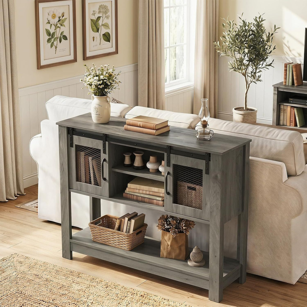 Console Table with Sliding Barn Doors and Storage Cabinets-Gray