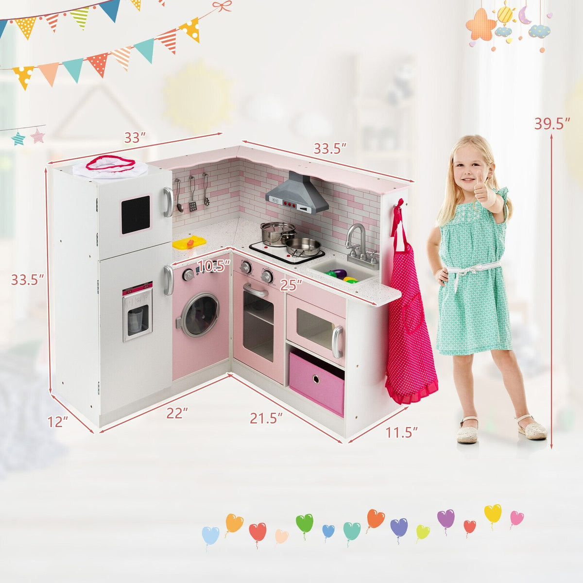 Pink Corner Play Kitchen with Ice Maker, Range Hood, Washer and Chef Accessories