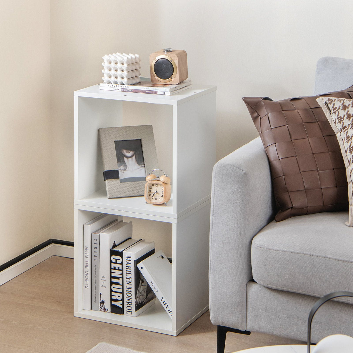 White Cube Storage Organizer, Set of 2 Stackable Open Cubes with Wooden Dowels
