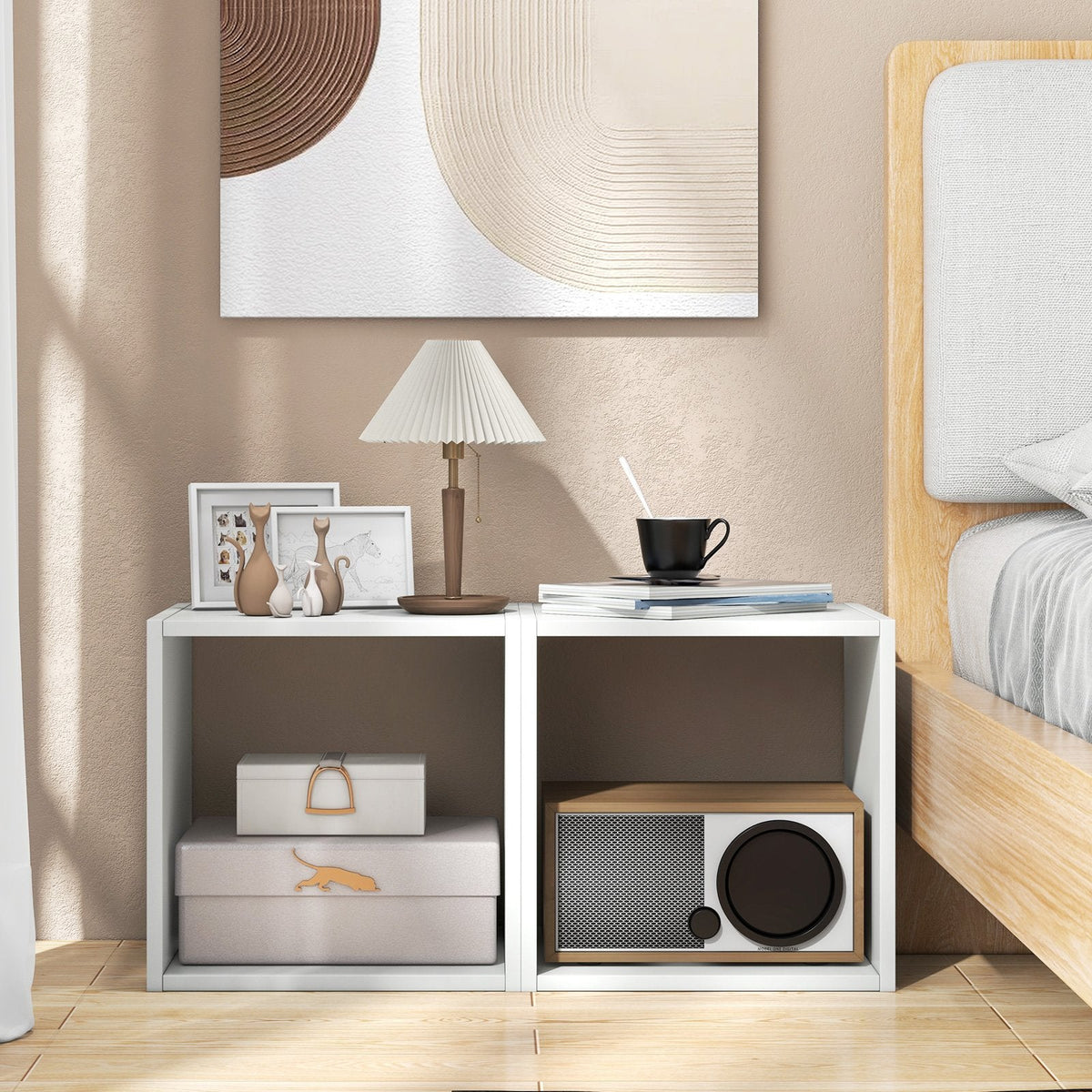 White Cube Storage Organizer, Set of 2 Stackable Open Cubes with Wooden Dowels