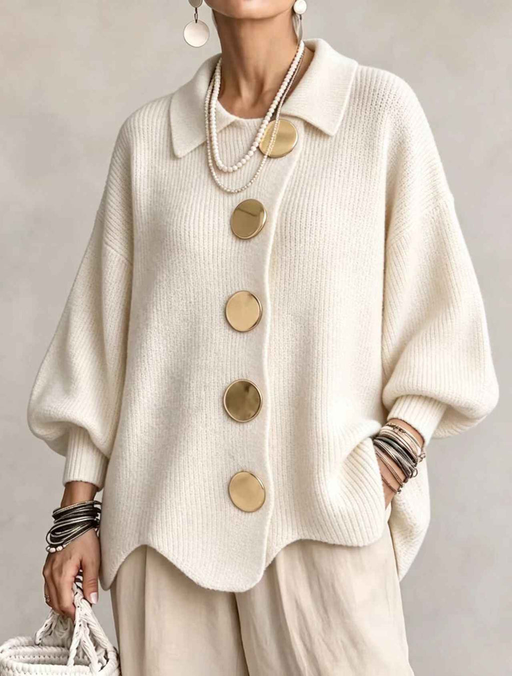 Women’s Button-Down Knit Cardigan – Lapel Collar Long-Sleeve Loose-Fit Fall & Winter Sweater