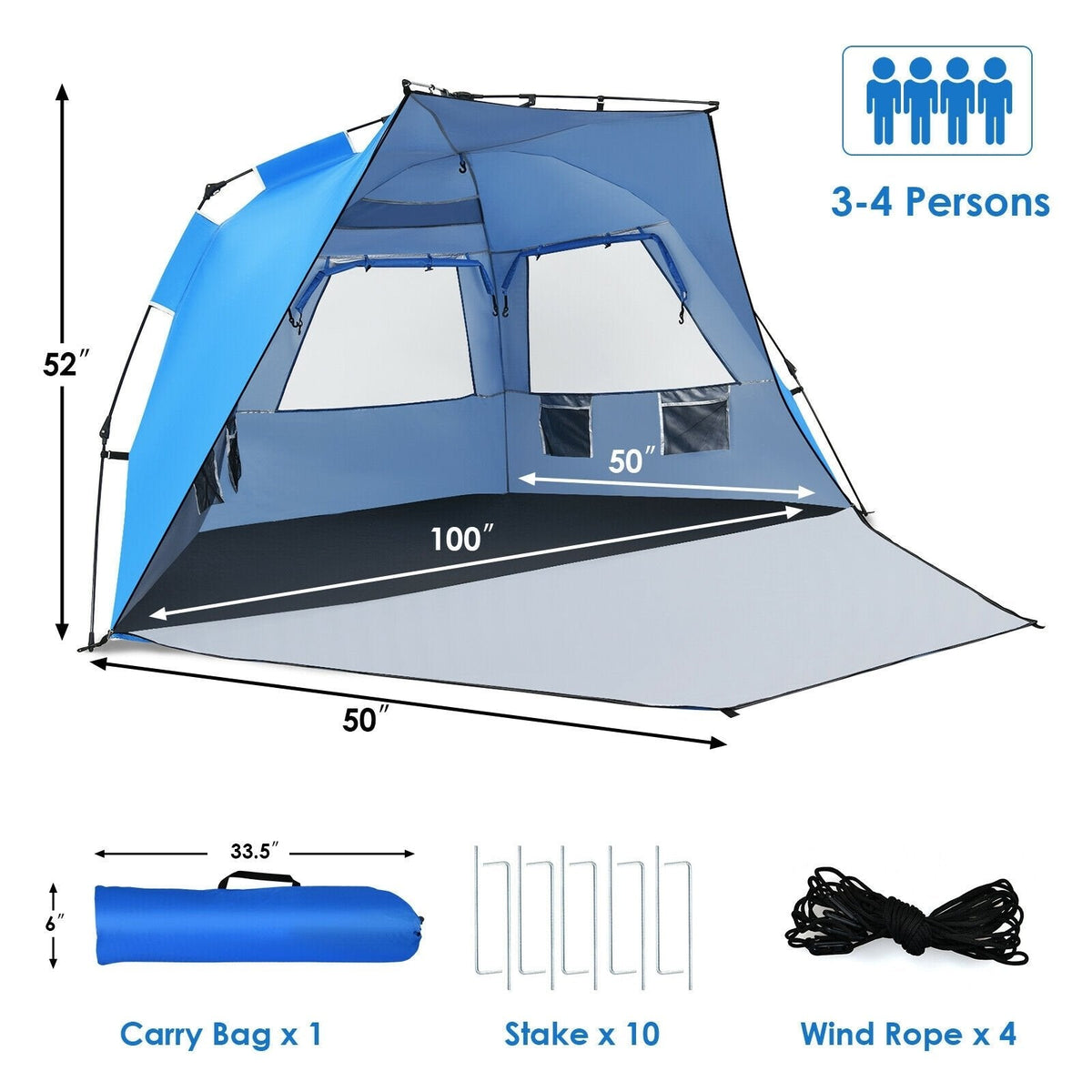 Easy Pop Up Beach Tent UPF 50+ Portable Sun Shelter-Blue for 3-4 Person