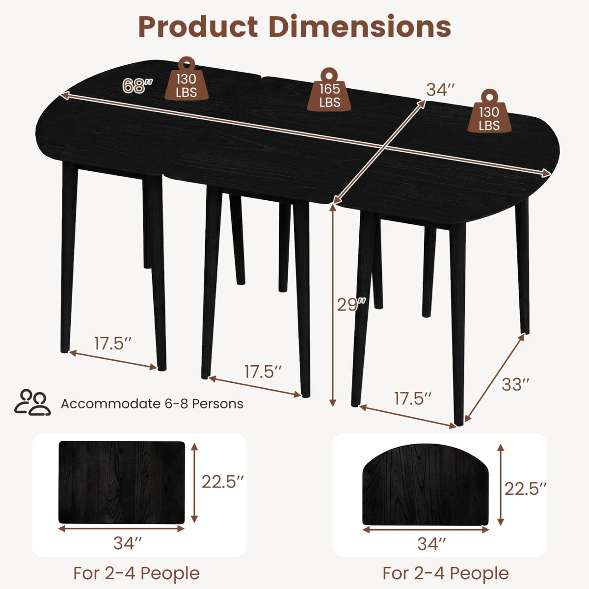 Extendable Dining Table Set with 2 Half-Round and 1 Rectangular Tables-Black