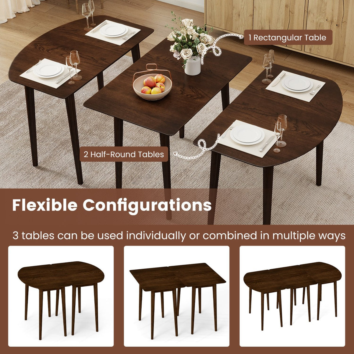 Extendable Dining Table Set with 2 Half-Round and 1 Rectangular Tables-Walnut