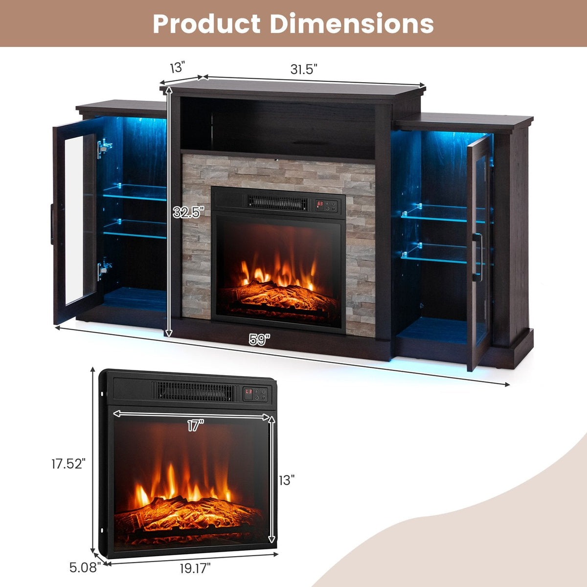 Fireplace TV Stand with 16-Color Led Lights for TVs up to 65 Inch-Dark Brown
