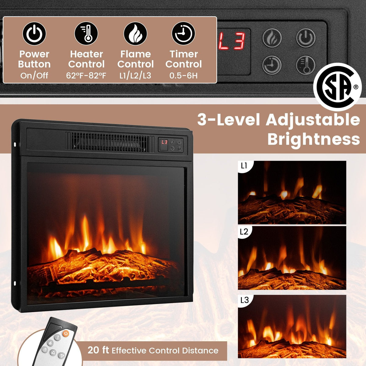 Fireplace TV Stand with 16-Color Led Lights for TVs up to 65 Inch-Dark Brown