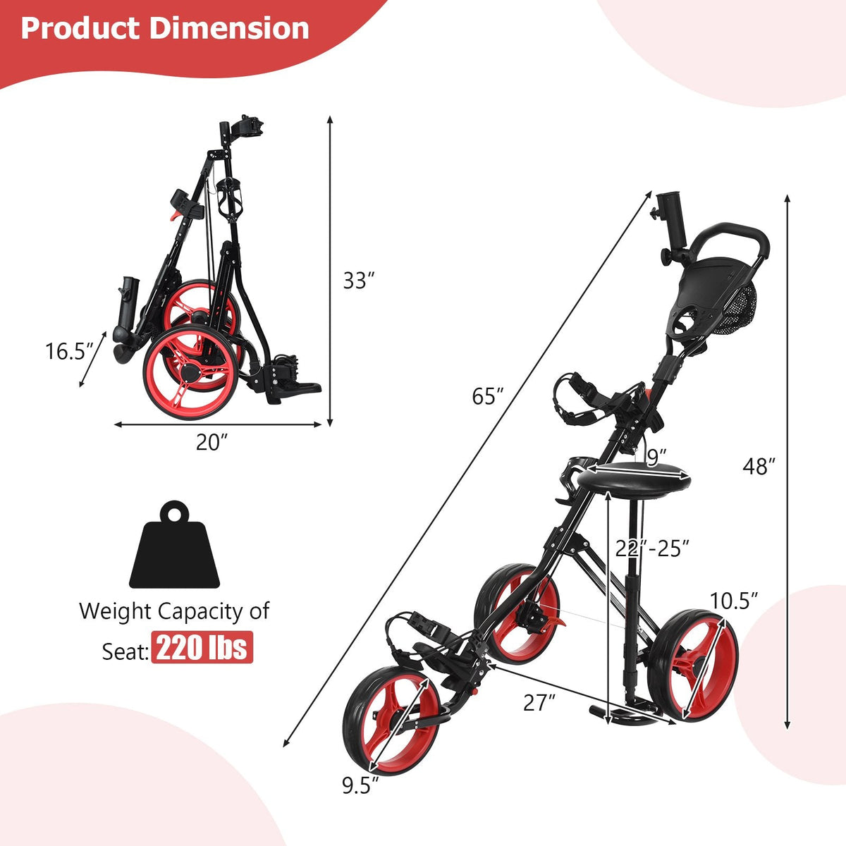 Foldable 3 Wheels Push Pull Golf Trolley with Scoreboard Bag-Red
