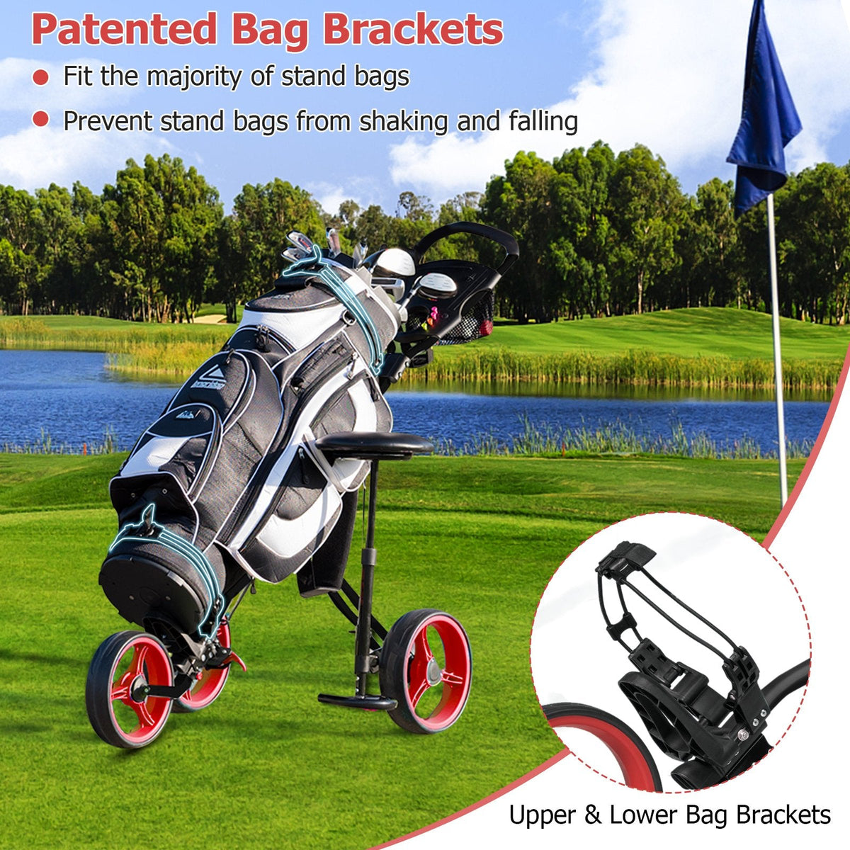 Foldable 3 Wheels Push Pull Golf Trolley with Scoreboard Bag-Red