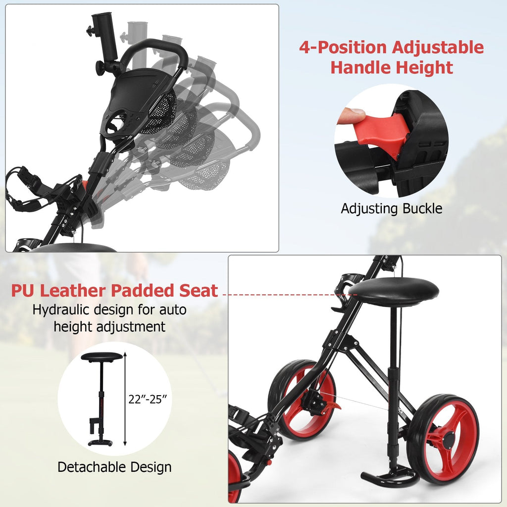Foldable 3 Wheels Push Pull Golf Trolley with Scoreboard Bag-Red