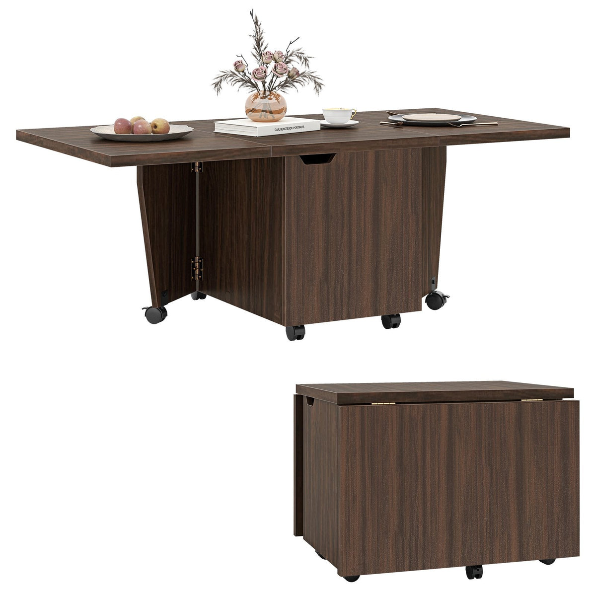 Foldable Coffee Table with Storage Cabinet Extendable Center Table-Walnut