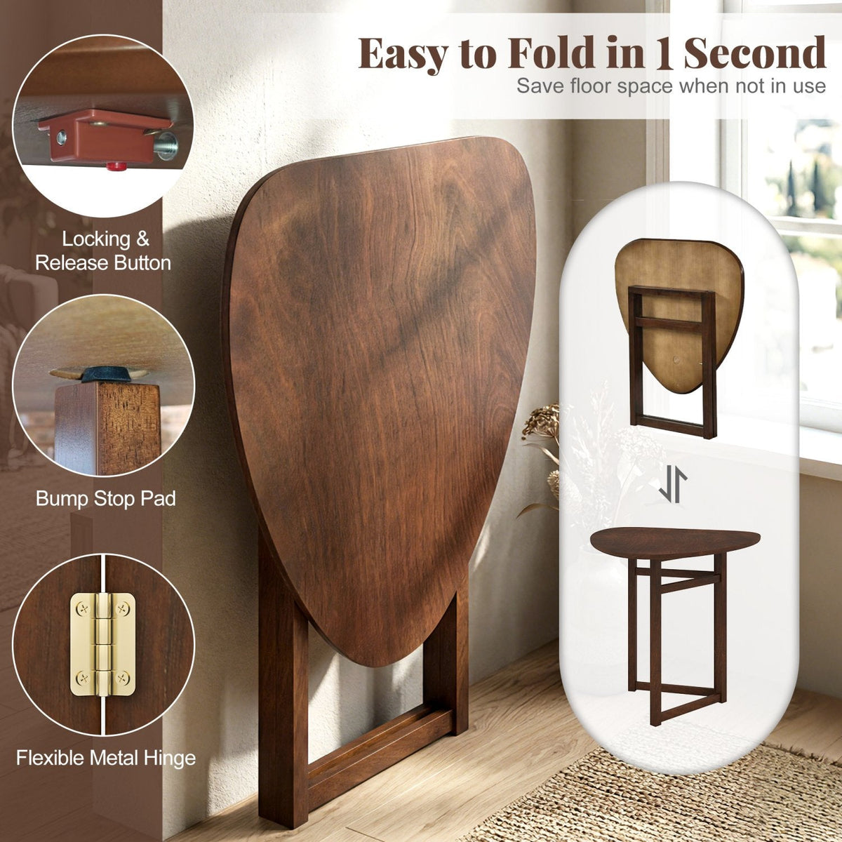 Foldable Dining Table 31.5 inches Triangular Small Kitchen Table for 2-Walnut