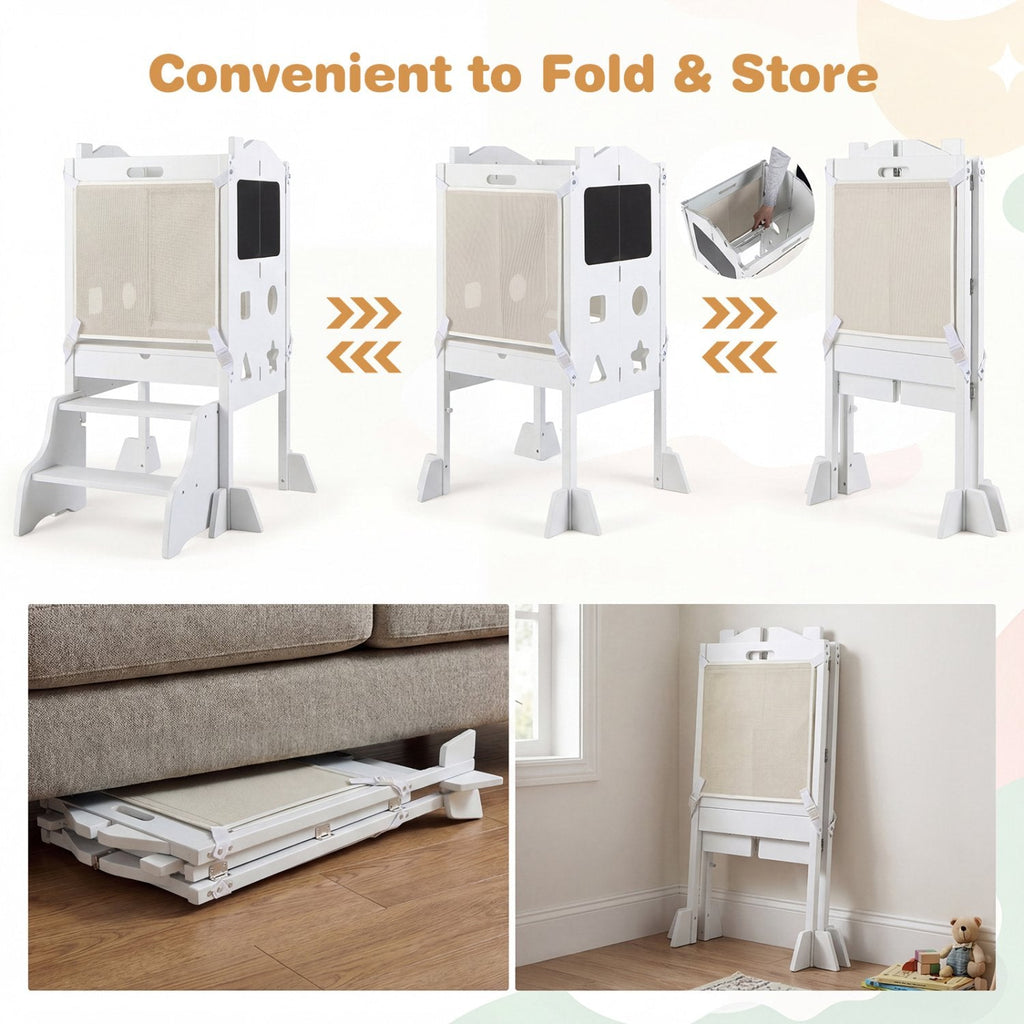 Foldable Toddler Step Stool with Chalkboards 2-Step Stool-White