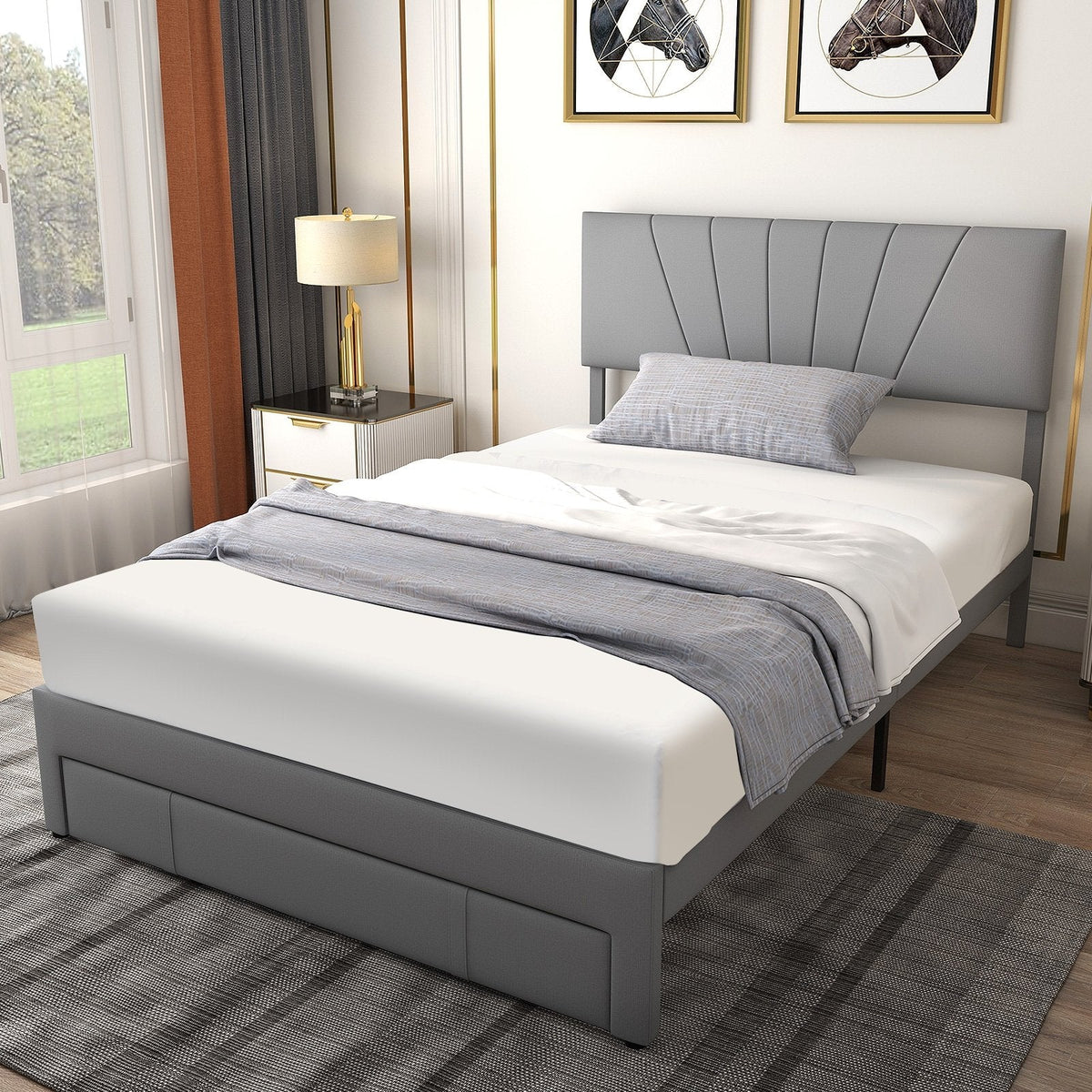 Full Size Upholstered Bed with Adjustable Headboard and One 45.5 Inch Slide-Out Drawer, Grey