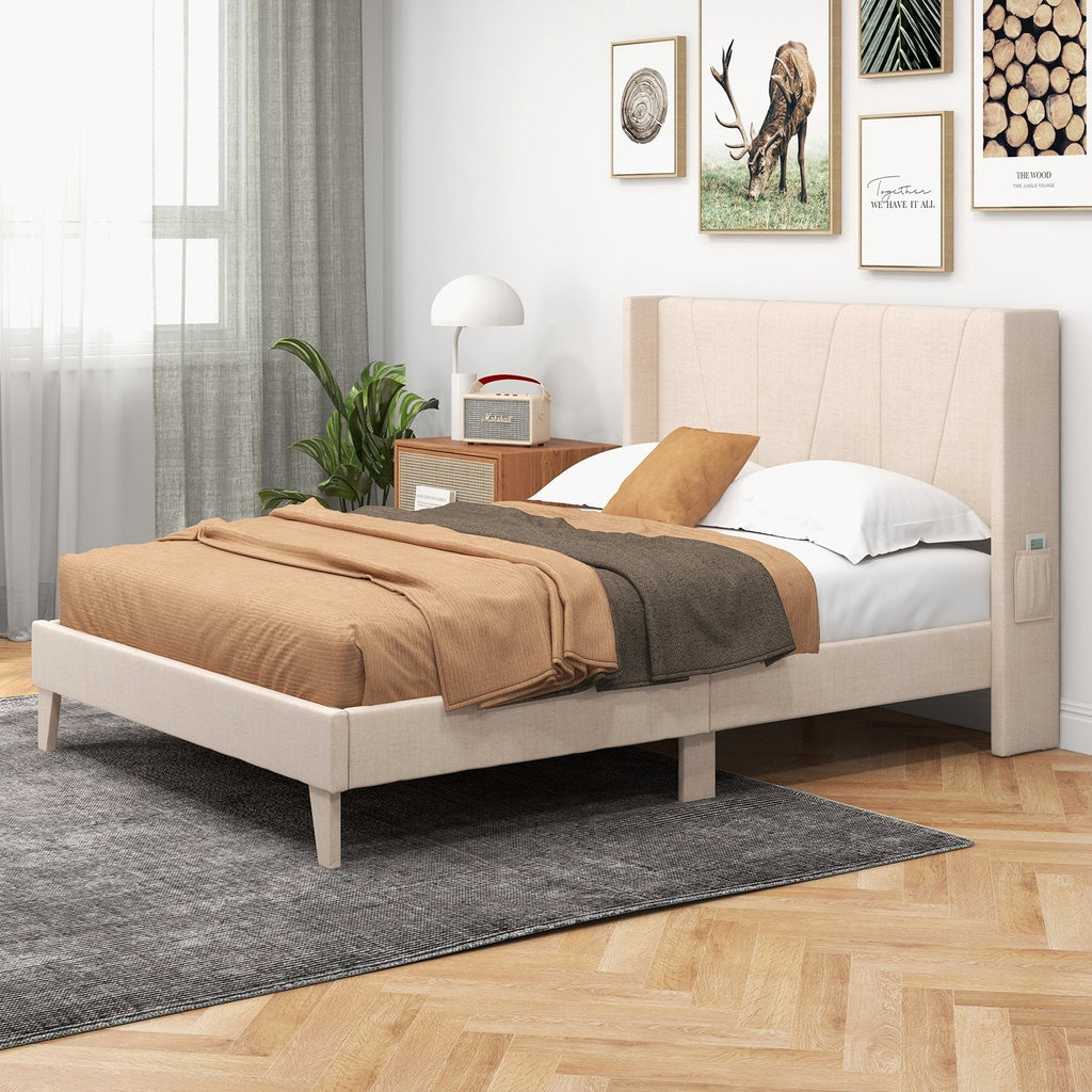 Full Size Upholstered Platform Bed with Geometric Wingback Headboard and Side Pocket, Cream