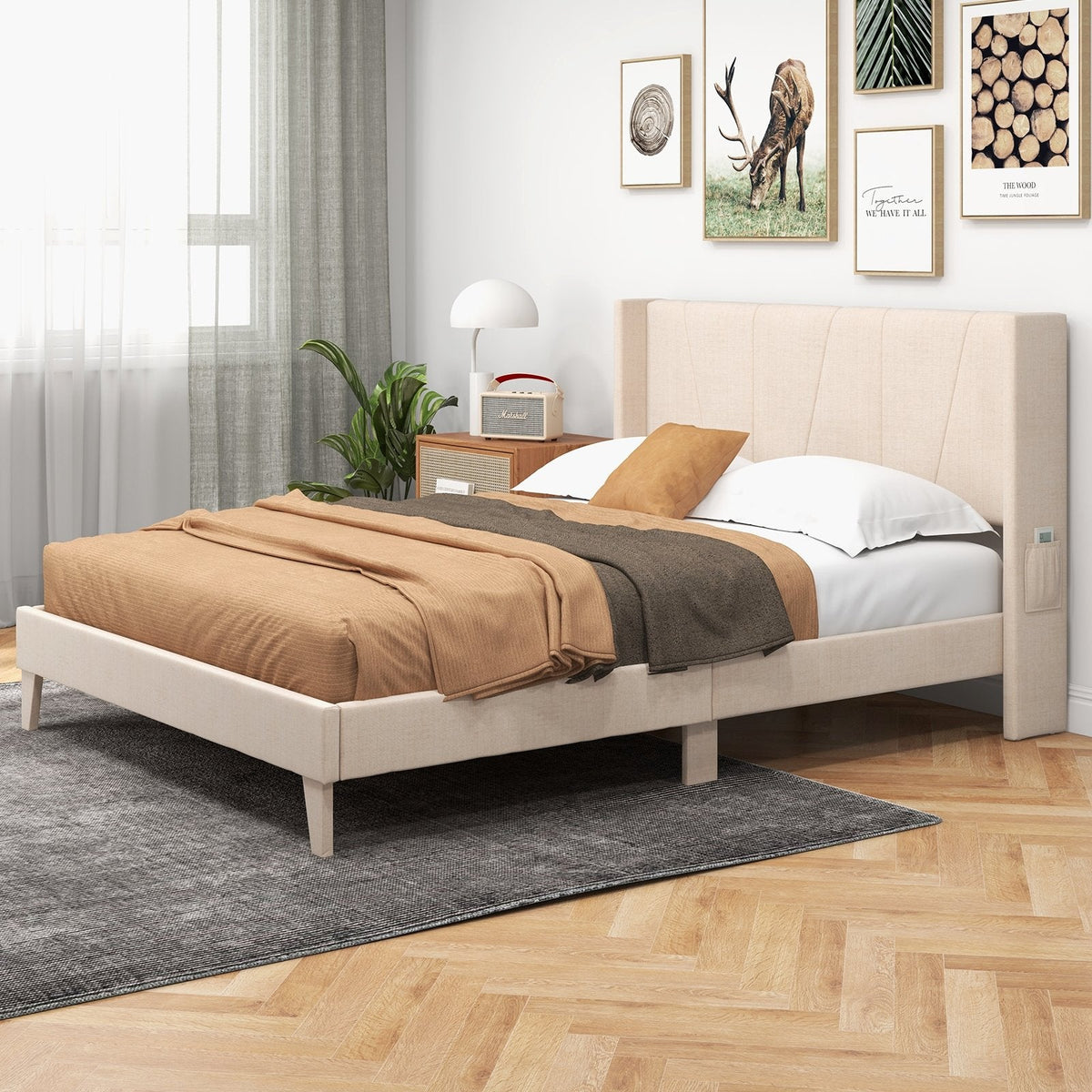Queen Upholstered Platform Bed with Geometric Wingback Headboard and Side Pocket, Cream