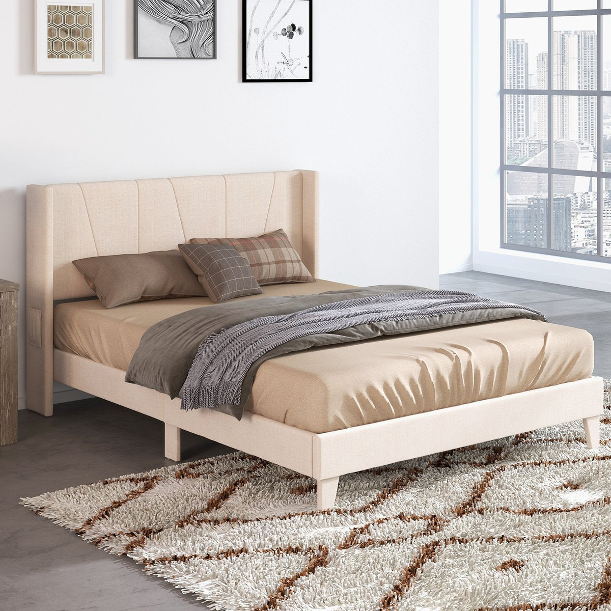 Queen Upholstered Platform Bed with Geometric Wingback Headboard and Side Pocket, Cream