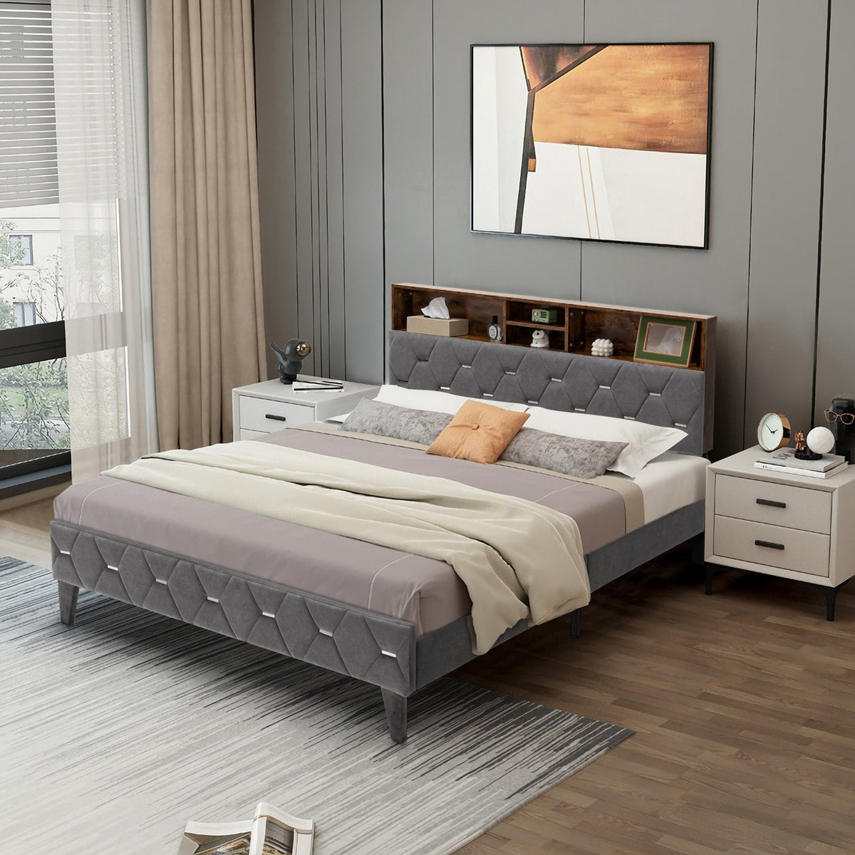 Full Size Upholstered Bed with Lift-Up Bookcase Storage Headboard and 1000 lb Capacity, Grey