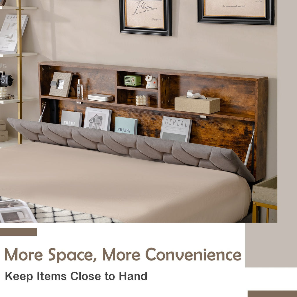 Queen Upholstered Bed with Lift-Up Bookcase Storage Headboard and 1000 lb Capacity, Grey