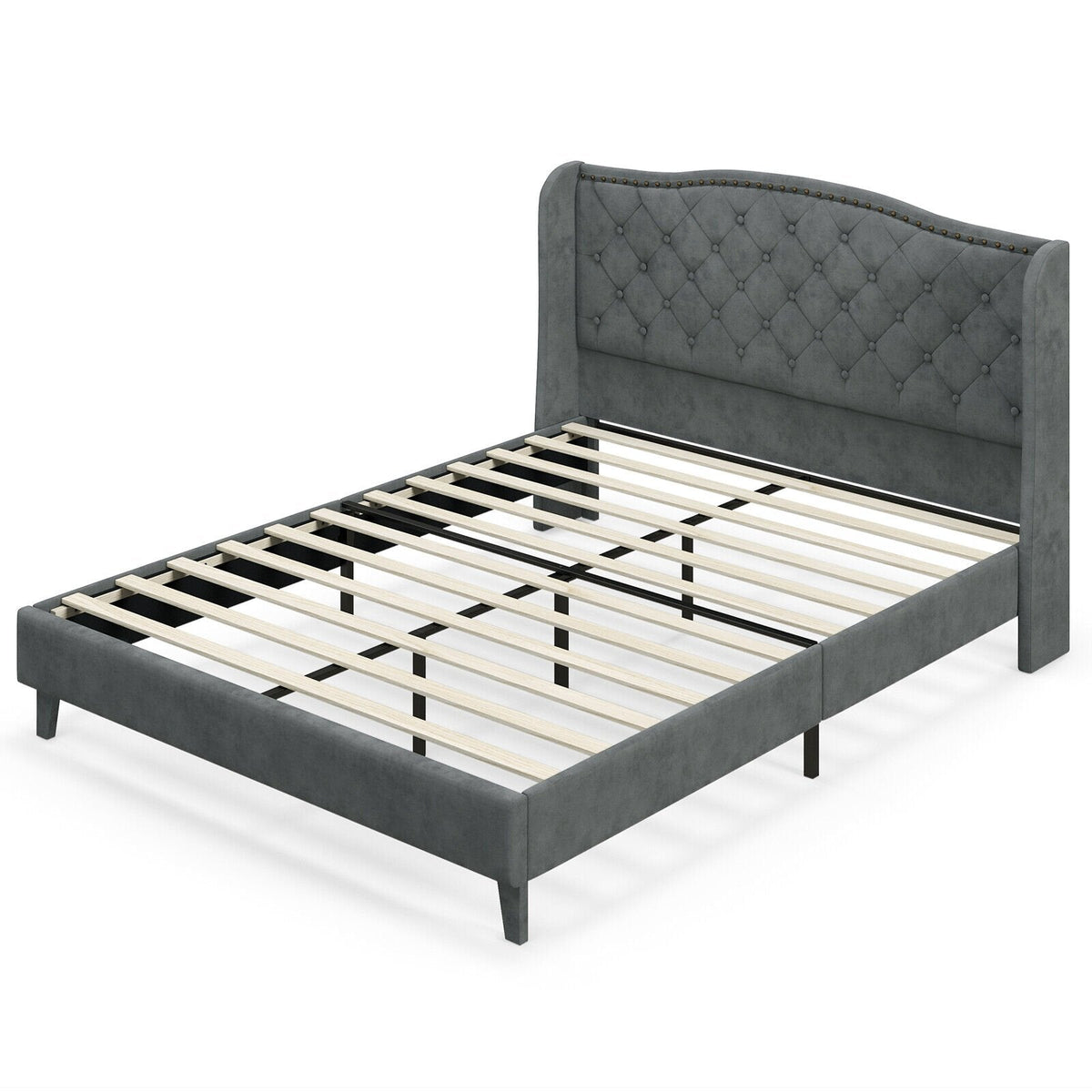 Queen Upholstered Platform Bed with Button Tufted Wingback Headboard and 12 Wooden Slats