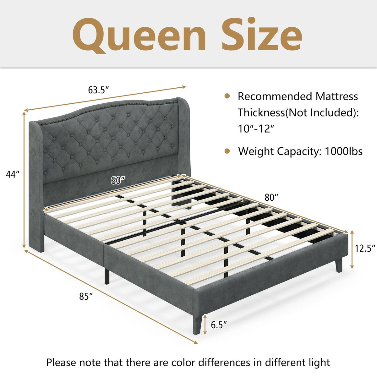 Queen Upholstered Platform Bed with Button Tufted Wingback Headboard and 12 Wooden Slats