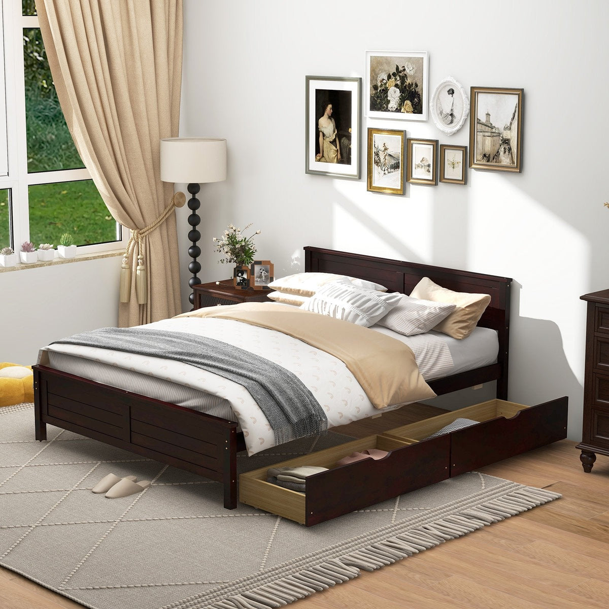 Full Size Pine Bed Frame with 2 Under-Bed Storage Drawers and Slatted Headboard, Espresso