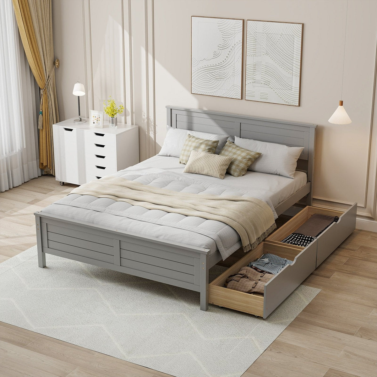 Full Size Pine Bed Frame with 2 Deep Storage Drawers and Louvred Headboard, Grey