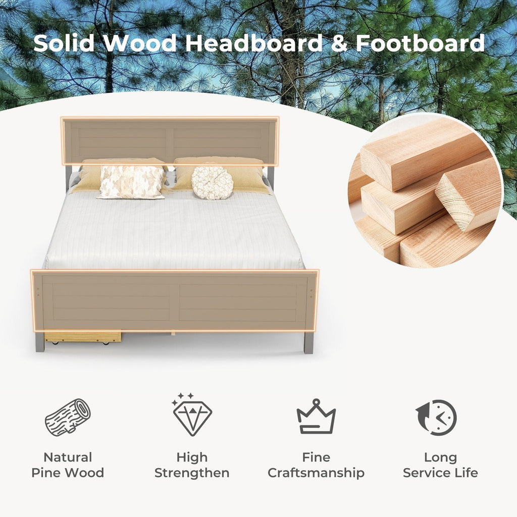 Full Size Pine Bed Frame with 2 Deep Storage Drawers and Louvred Headboard, Grey