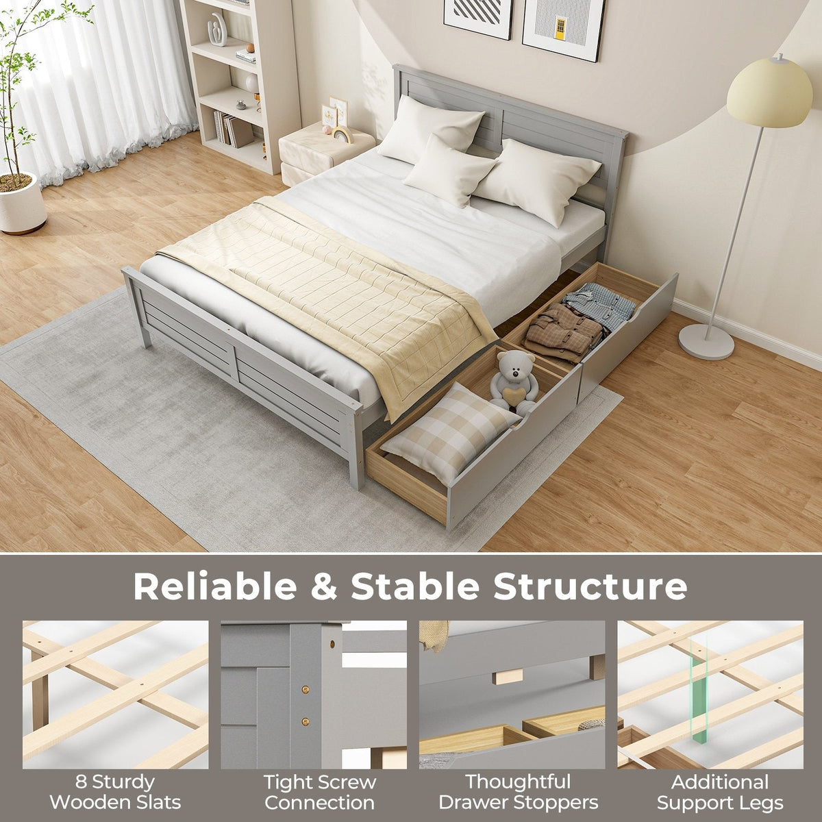 Full Size Pine Bed Frame with 2 Deep Storage Drawers and Louvred Headboard, Grey