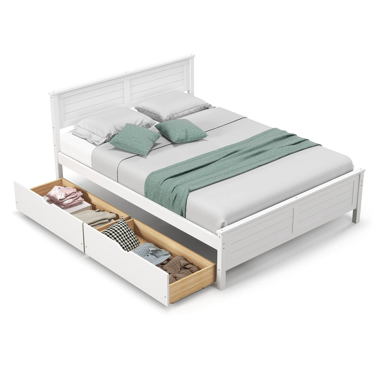 Full Size Pine Bed Frame with 2 Under-Bed Drawers and Louvred Headboard, White