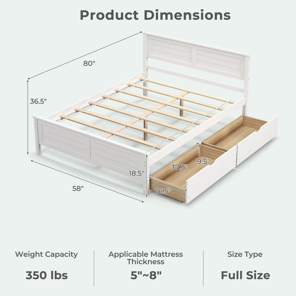 Full Size Pine Bed Frame with 2 Under-Bed Drawers and Louvred Headboard, White