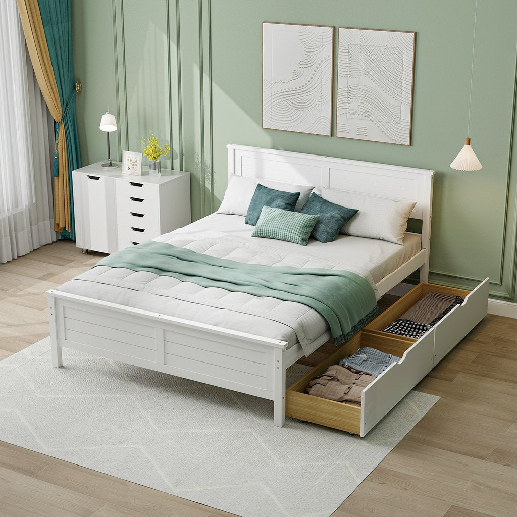 Full Size Pine Bed Frame with 2 Under-Bed Drawers and Louvred Headboard, White