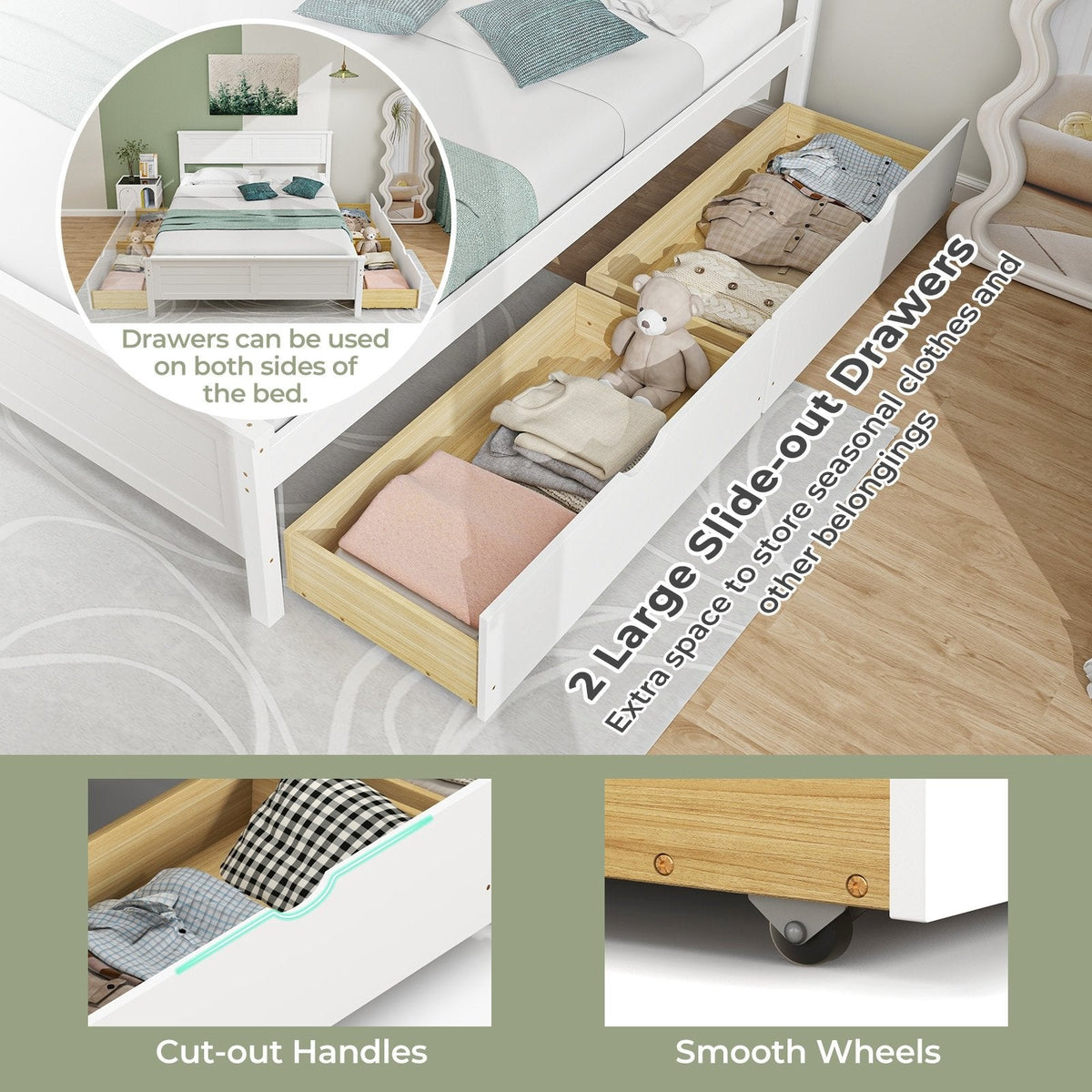 Full Size Pine Bed Frame with 2 Under-Bed Drawers and Louvred Headboard, White