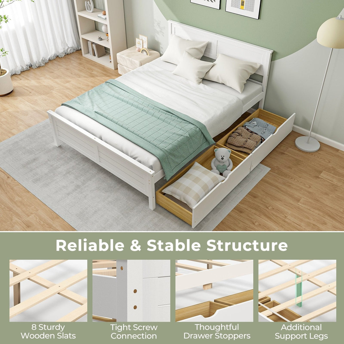 Full Size Pine Bed Frame with 2 Under-Bed Drawers and Louvred Headboard, White