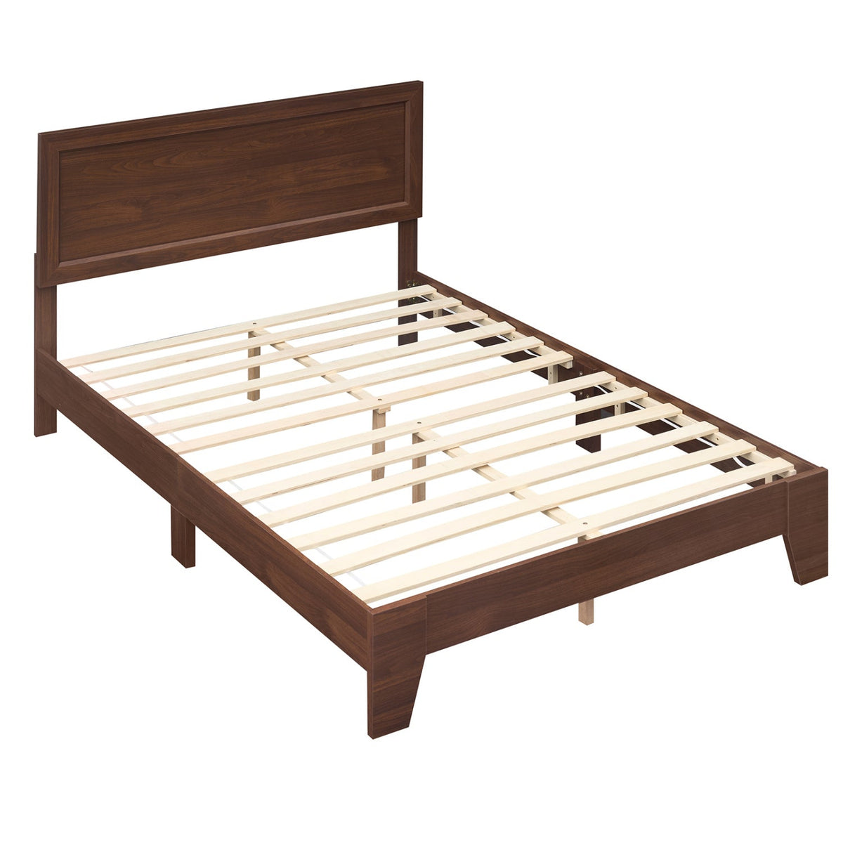 Full Size Modern Wood Platform Bed with Panelled Headboard and Adjustable Foot Pads, Walnut