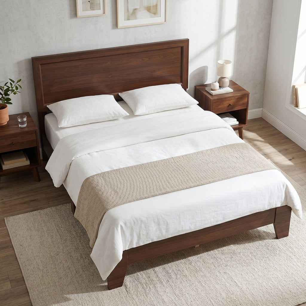 Full Size Modern Wood Platform Bed with Panelled Headboard and Adjustable Foot Pads, Walnut