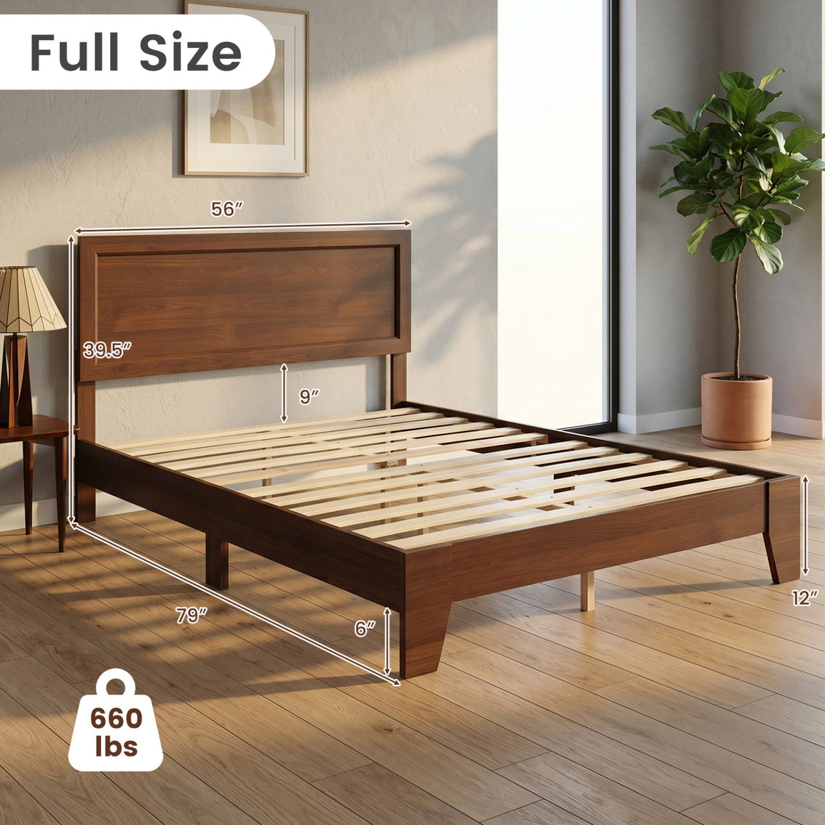 Full Size Modern Wood Platform Bed with Panelled Headboard and Adjustable Foot Pads, Walnut