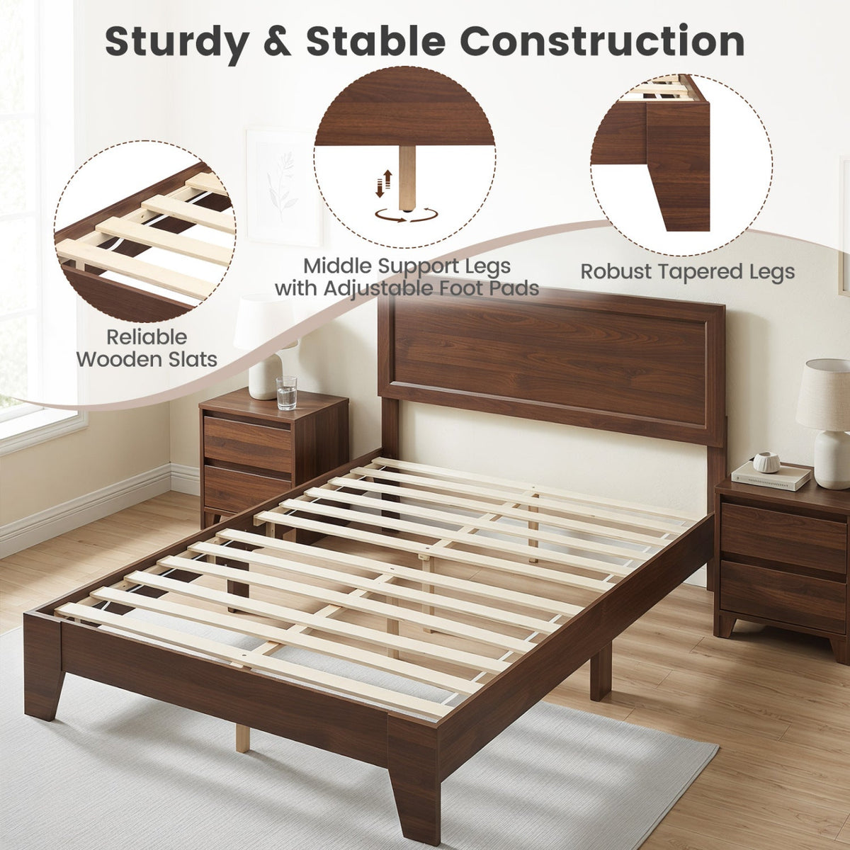 Full Size Modern Wood Platform Bed with Panelled Headboard and Adjustable Foot Pads, Walnut