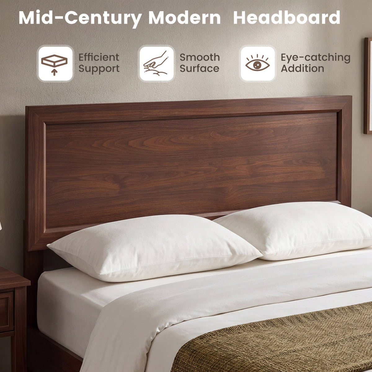 Full Size Modern Wood Platform Bed with Panelled Headboard and Adjustable Foot Pads, Walnut