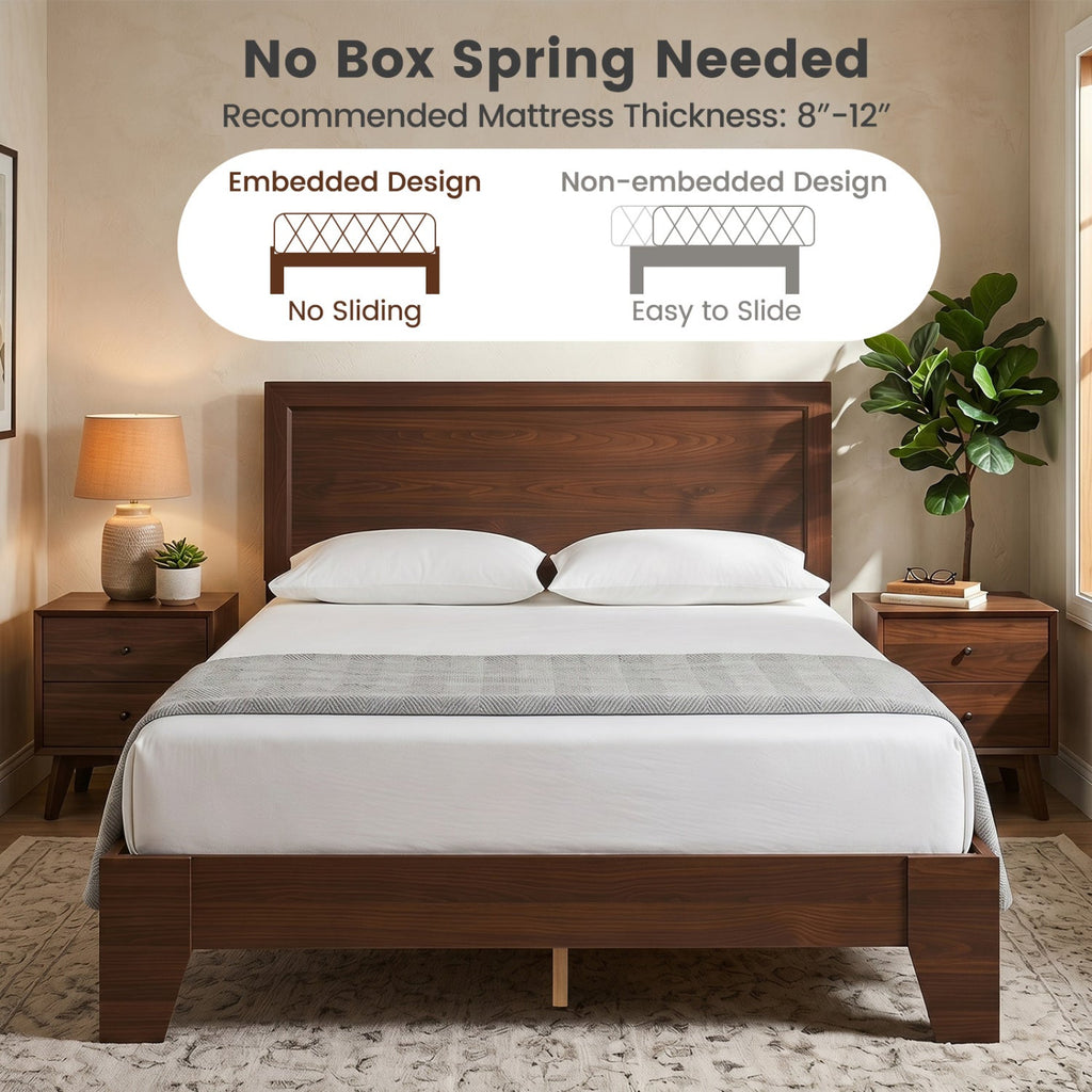 Full Size Modern Wood Platform Bed with Panelled Headboard and Adjustable Foot Pads, Walnut